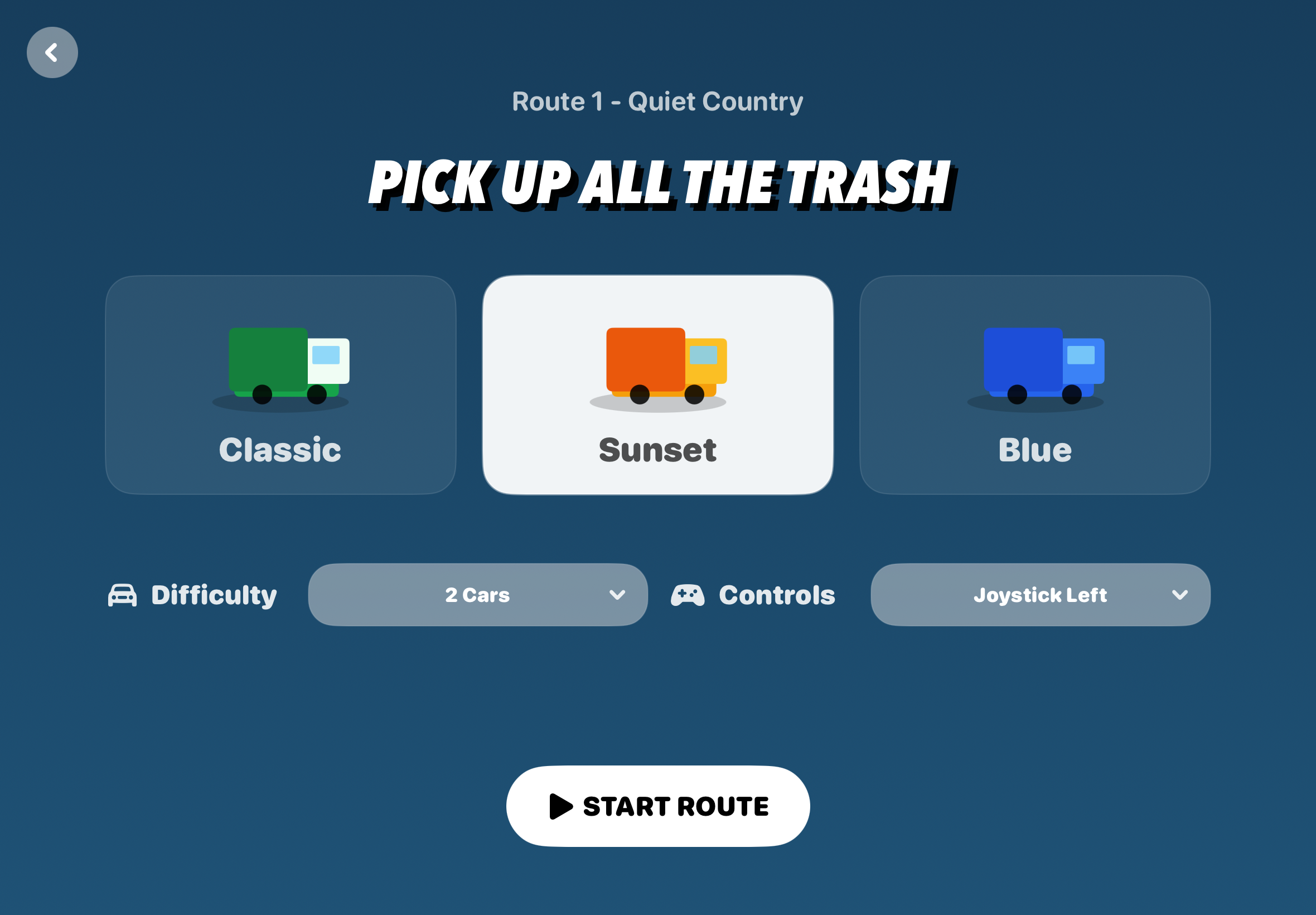 Truck selection and setup screen