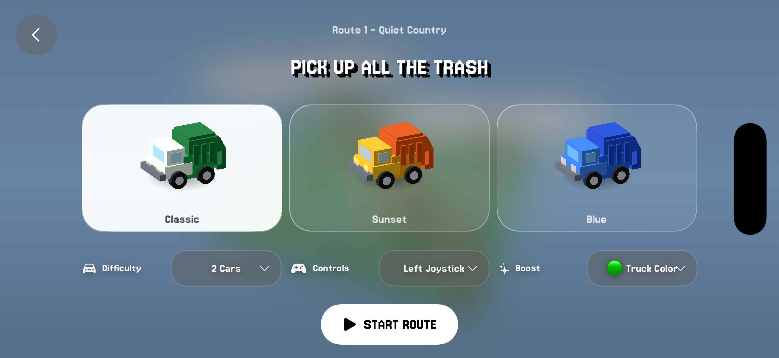 Choose between Classic, Sunset, and Blue garbage trucks